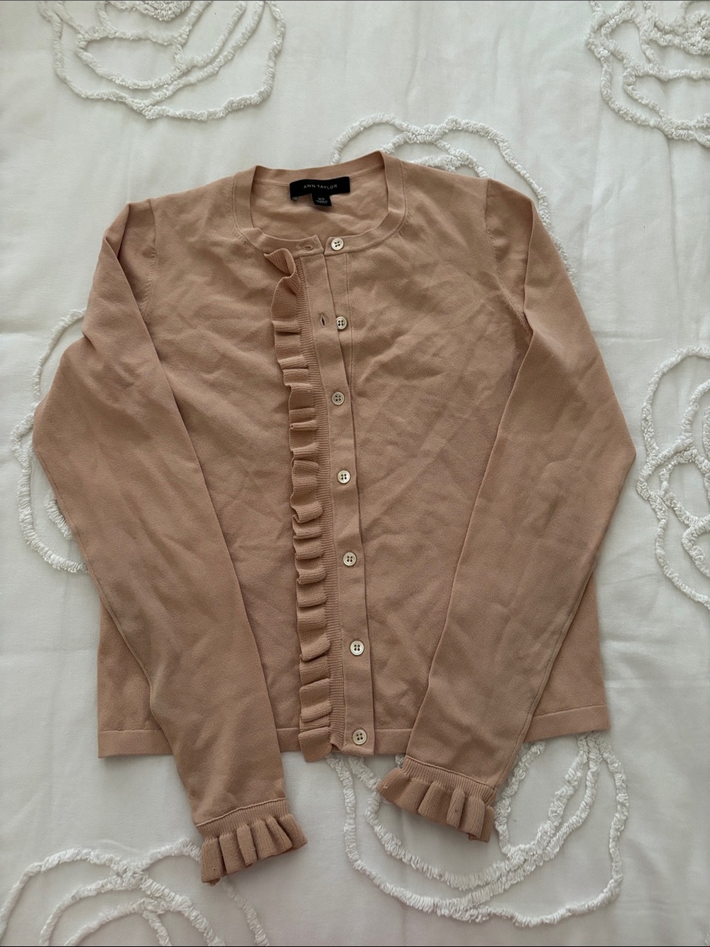Ann Taylor Ruffle-Trim Cardigan Sweater - Blush